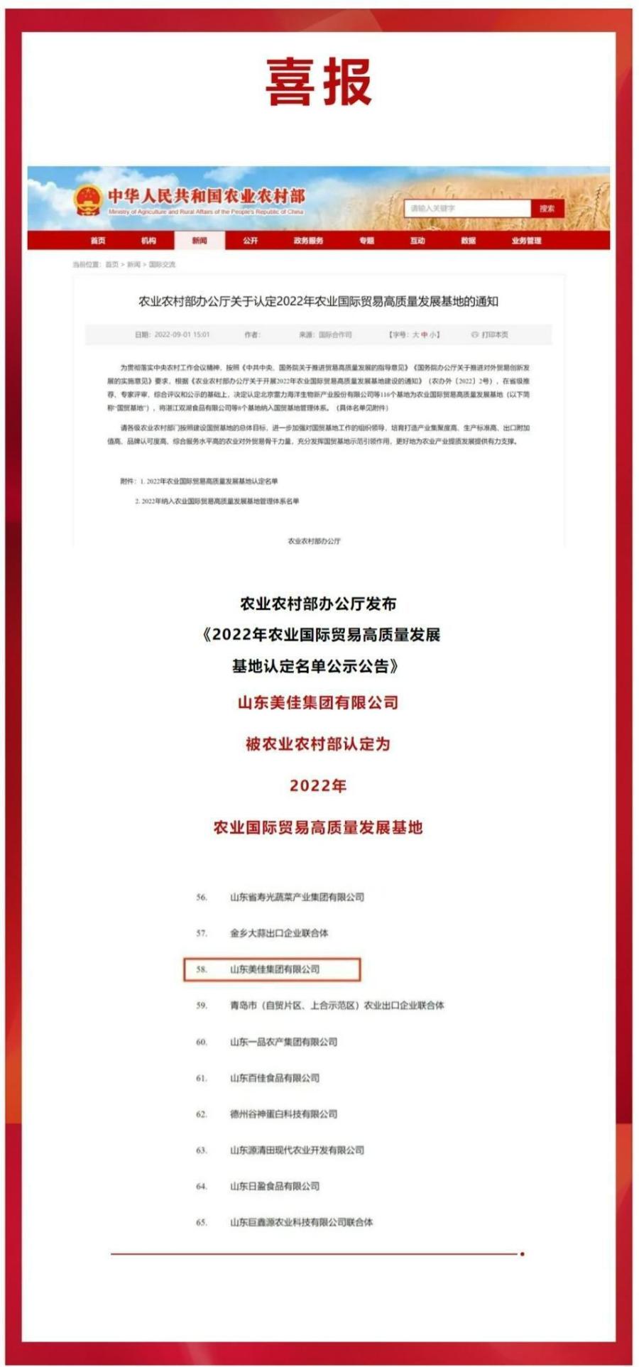 喜报美佳集团被农业农村部认定为2022年农业国际贸易高质量发展基地