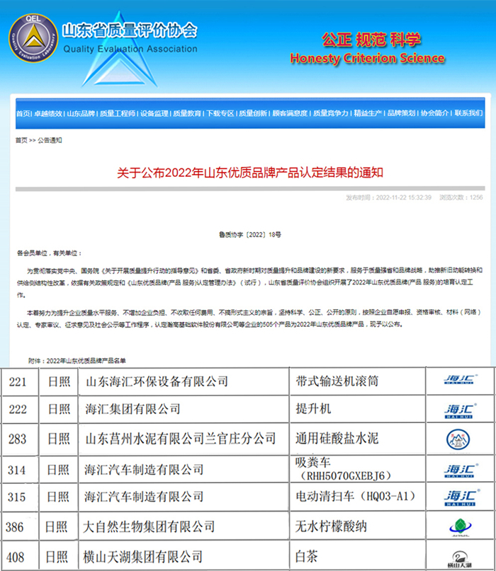 海汇集团7款产品被认定为“山东优质品牌”