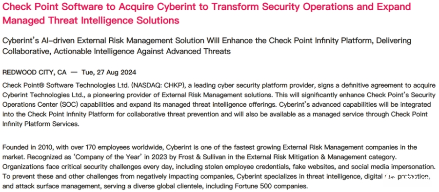 安全企业Check Point传出将买下外部风险管控企业Cyberint