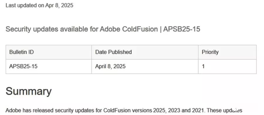 Adobe发布4月例行更新，呼吁优先修补ColdFusion