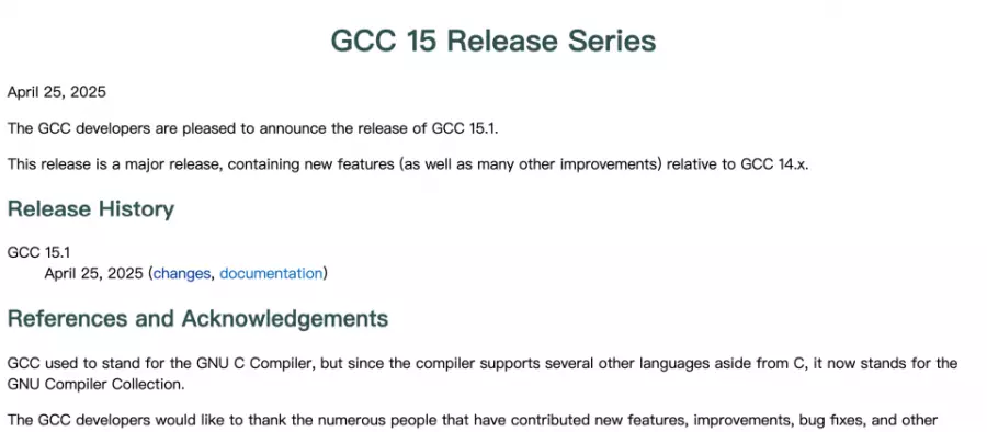 GCC 15.1采用C23为默认标准，同步纳入Rust与COBOL支持
