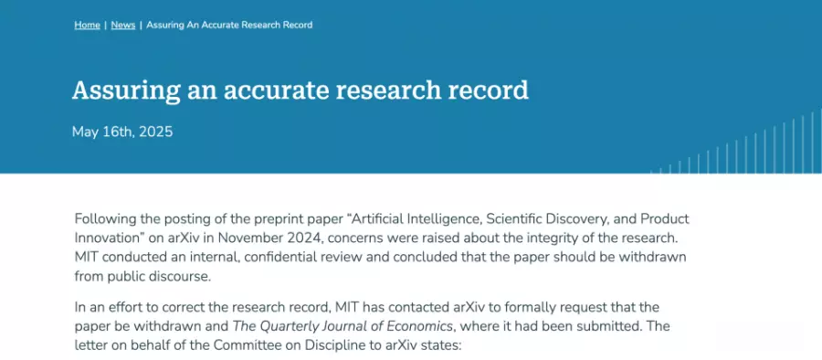 AI促进科学创新重要研究遭MIT审查否决，要求arXiv标注撤回