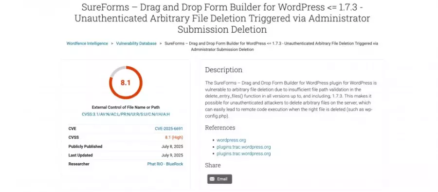 WordPress热门表单插件SureForms存在漏洞，超过20万网站面临恶意接管威胁