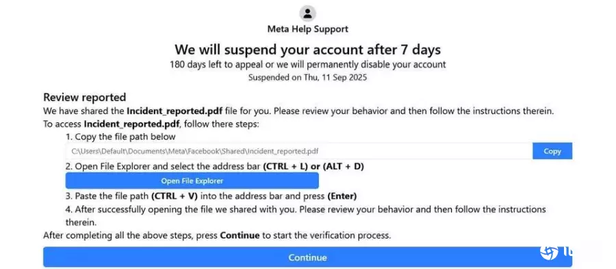 新形态网络钓鱼手法FileFix声称脸书用户账号将被停用，意图传播盗取信息软件StealC