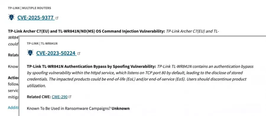 CISA示警TP-Link Archer C7、TL-WR841N两漏洞已遭利用