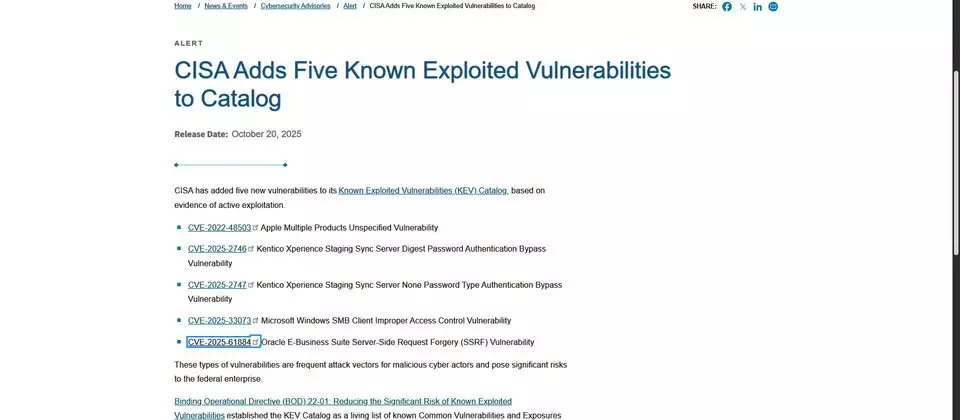 Oracle公布的EBS漏洞CVE-2025-61884，CISA证实已被用于攻击行动
