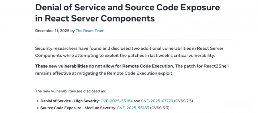 React服务器组件追补安全更新，修正DoS与源码泄露漏洞