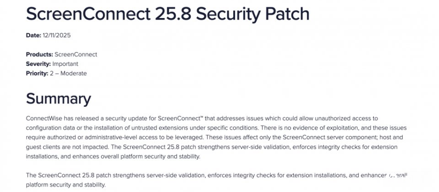 远程管理工具ScreenConnect修补重大漏洞，防敏感组态外流与未信任扩展组件植入
