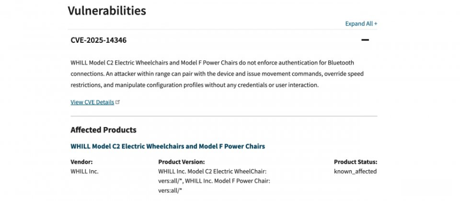 CISA针对Whill电动轮椅重大漏洞提出警告，攻击者恐通过蓝牙设备接管