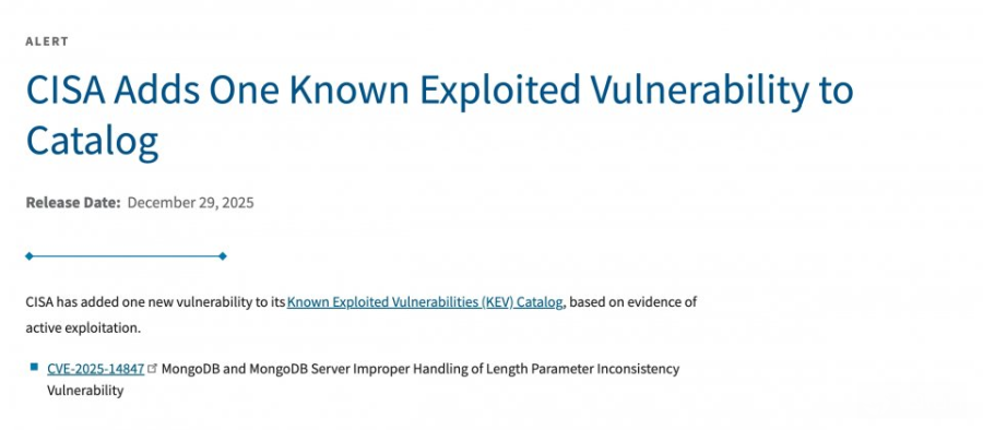 MongoBleed漏洞已遭实际滥用，CISA要求联邦民事行政部门机关三周内修补